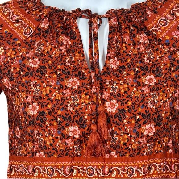 American Eagle Rust Orange Floral Print Boho Ruffle Blouse Size XS - Picture 3 of 12